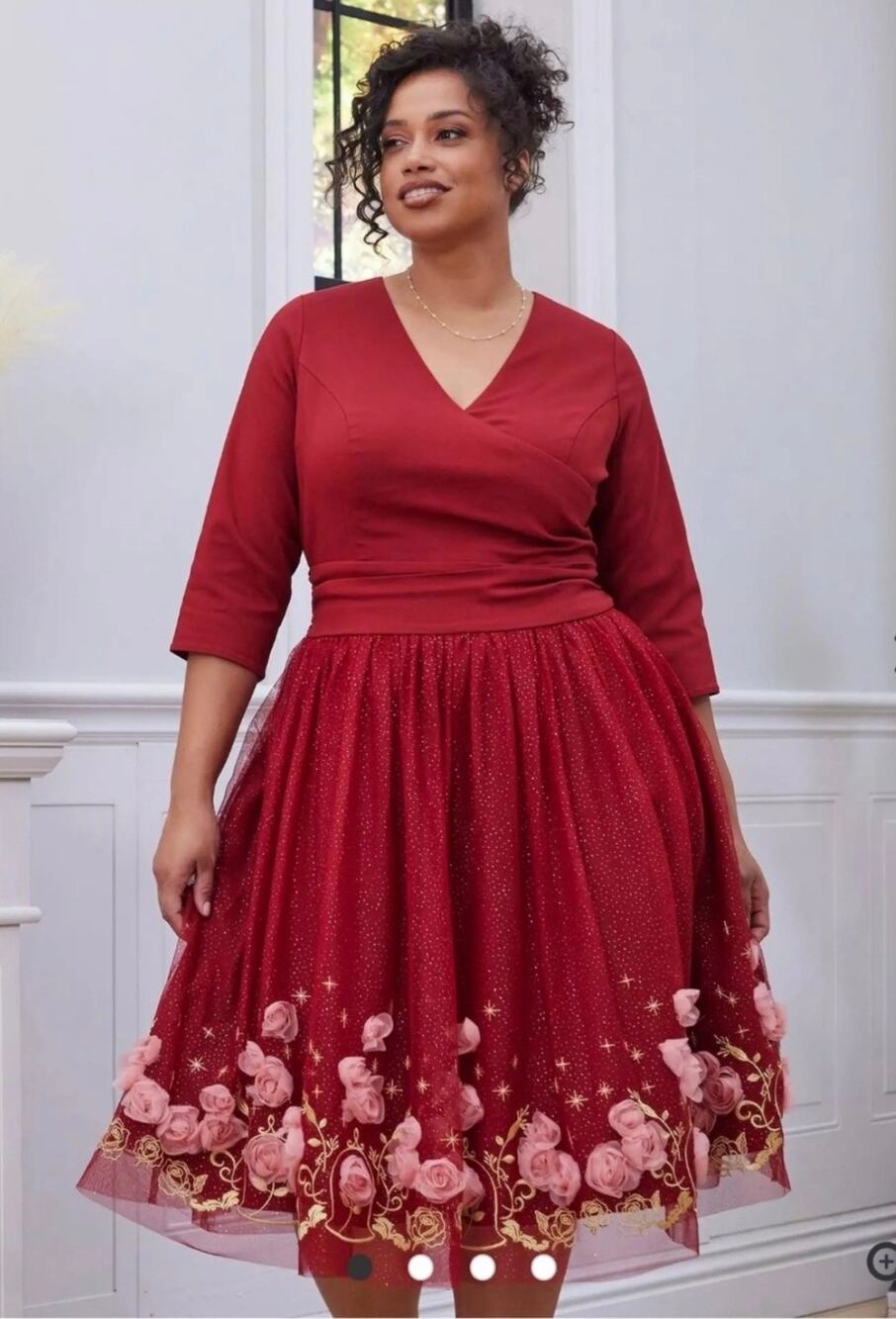 Her Universe Disney Beauty And The Beast Rose Glitter red V-neck Dress Size L